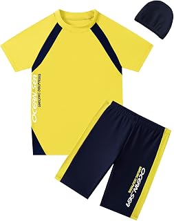 Boys Short Sleeve Swimsuit 2 Pieces Sunscreen Swimwear Bathing Suit for Boys 4-14 Years