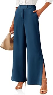 Cicy Bell Ladies Side Slit Stretch High Waist Wide Leg Trousers Casual Work Trousers with Pockets