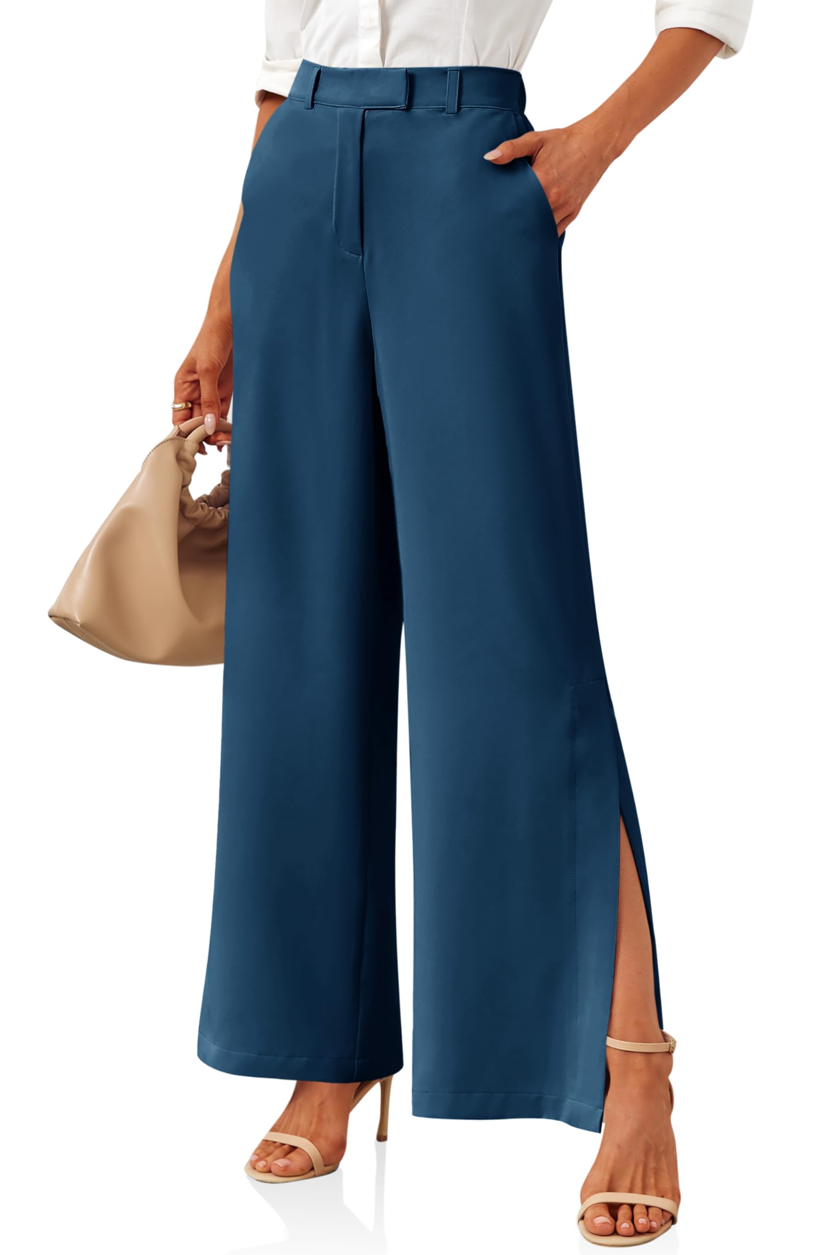 Cicy Bell Ladies Side Slit Stretch High Waist Wide Leg Trousers Casual Work Trou