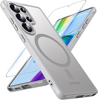 Magnetic For Samsung Galaxy S25 Ultra Case with Tempered Glass Screen Protector, Military-Grade Protection Shockproof Cover Translucent Matte Back Anti-Scratch Phone Case for S25 Ultra (Gray)