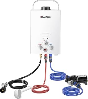 CAMPLUX Tankless Propane Water Heater 6L, Gas Portable Water Heater with Pump Kit, White