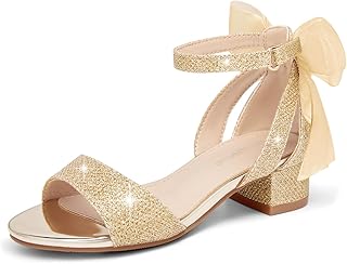 Coutgo Girls Dress Shoes Low Chunky Heel Sandals Bowknot Ankle Strap Wedding Party Shoes