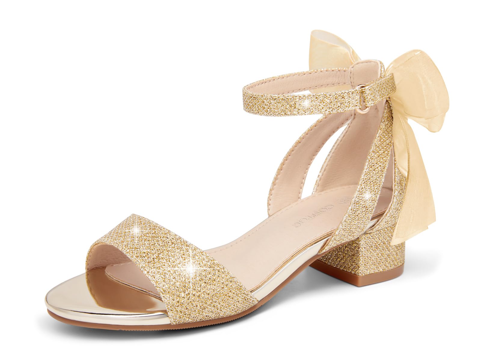 Coutgo Girls Dress Shoes Low Chunky Heel Sandals Bowknot Ankle Strap Wedding Par