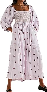 R.Vivimos Women's Long Sleeve Cotton Boho Midi Dress Vintage Square Neck Floral Embroidered Tiered Ruffle Flowy Pockets Dress