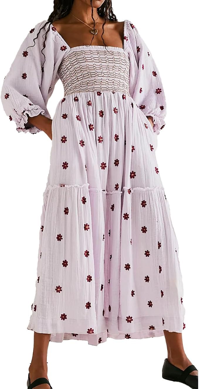 R.Vivimos Women's Long Sleeve Cotton Boho Midi Dress Vintage Square Neck Floral 