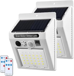 AMZSTAR Solar Motion Sensor Security Lights Wall Lights with Remote, 3 Modes Waterproof Solar Alarm Strobe Light, Outdoor Solar Lamp for Farm, Barn, Villa, Yard, Garden (2pcs)