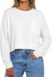 Tankaneo Women Shirts Long Sleeve Fashion Casual Boxy Autumn Tops Loose Fit T-Shirt Crew Neck