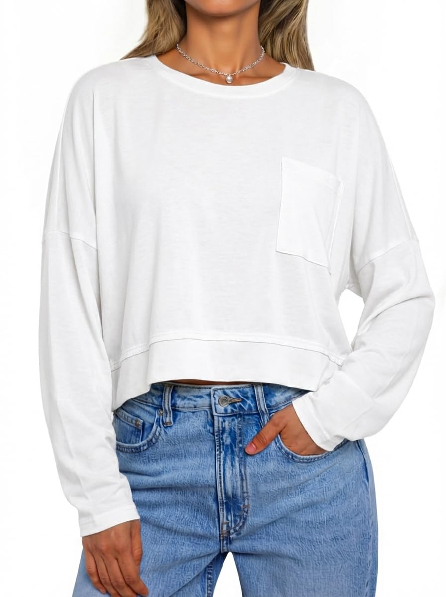 Tankaneo Women Shirts Long Sleeve Fashion Casual Boxy Autumn Tops Loose Fit T-Sh