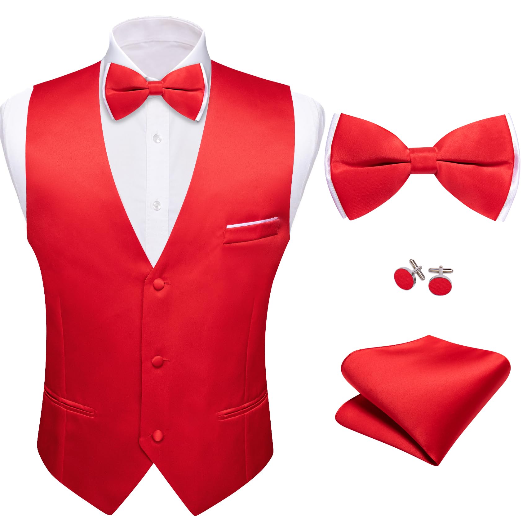 Barry.Wang Men's Formal Business Suit Vest V-Neck Slim Fit Casual Plain Vest Bow