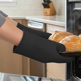 Kitchen Gloves Set Heat Resistant Kitchen Oven Handling Gloves Non-Slip Textured Thermal Gloves for Partner 2 Pieces (Black)