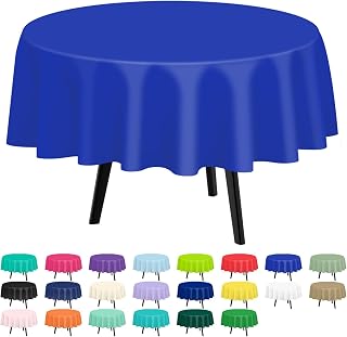 QIKSION 2 Pack Dark Blue Plastic Tablecloth Disposable Circle Table Covers Blue Table Cloths for Parties Bridal Shower Birthday Wedding, Fits 6 Foot Round Tables (84 Inch)
