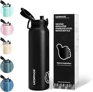 UZSPACE Stainless Steel Water Bottle, 1L (32.8oz), Insulated Water Bottle with 1 Click Opening, 100% Leak Proof for Hiking, Sports, Fitness, Gym, Outdoor, Black