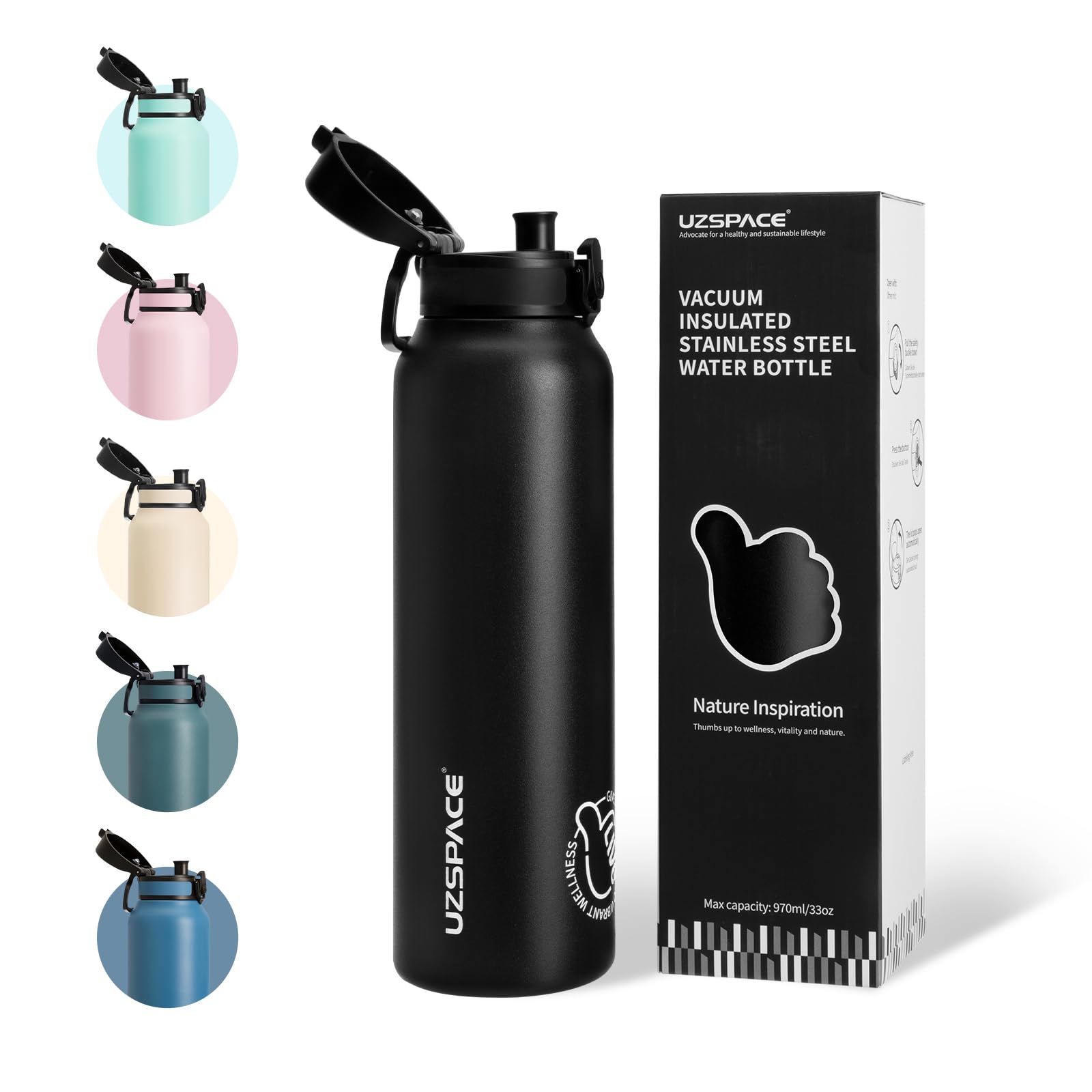 UZSPACE Stainless Steel Water Bottle, 1L (32.8oz), Insulated Water Bottle with 1