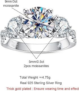 AnuClub Round Cut Moissanite 3 Stone Engagement Rings D Color VVS1 Round Cut 14K White Gold Plated 925 Sterling Silver Anniversary Wedding Promise Ring for Women
