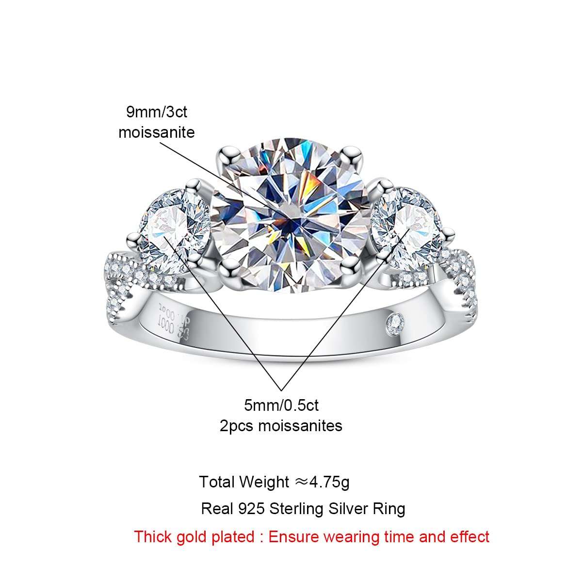 AnuClub Round Cut Moissanite 3 Stone Engagement Rings D Color VVS1 Round Cut 14K