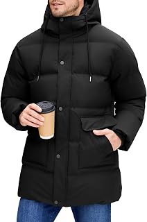 Xnova Men's Winter Jacket Medium Long Coat Padded Windproof Parka Water Repellent Coats with Hood Outdoor