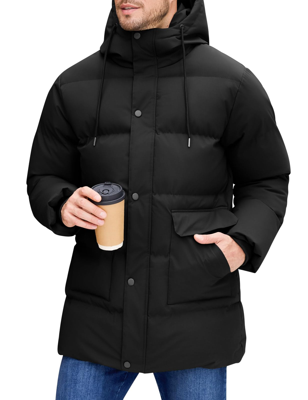 Xnova Men's Winter Jacket Medium Long Coat Padded Windproof Parka Water Repellen
