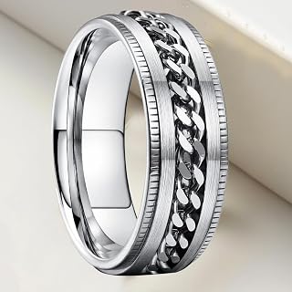 Anello fidget spinner per ansia, per uomini e donne, elegante catena a maglia barbazzale intarsiata con solido acciaio inossidabile 316L per qualità e durata