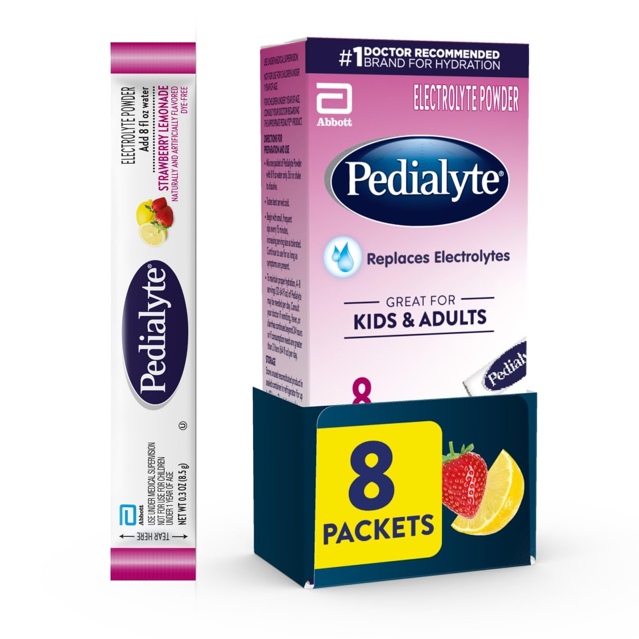 Pedialyte Electrolyte Powder, Hydration Drink for Kids & Adults, Strawberry Lemo