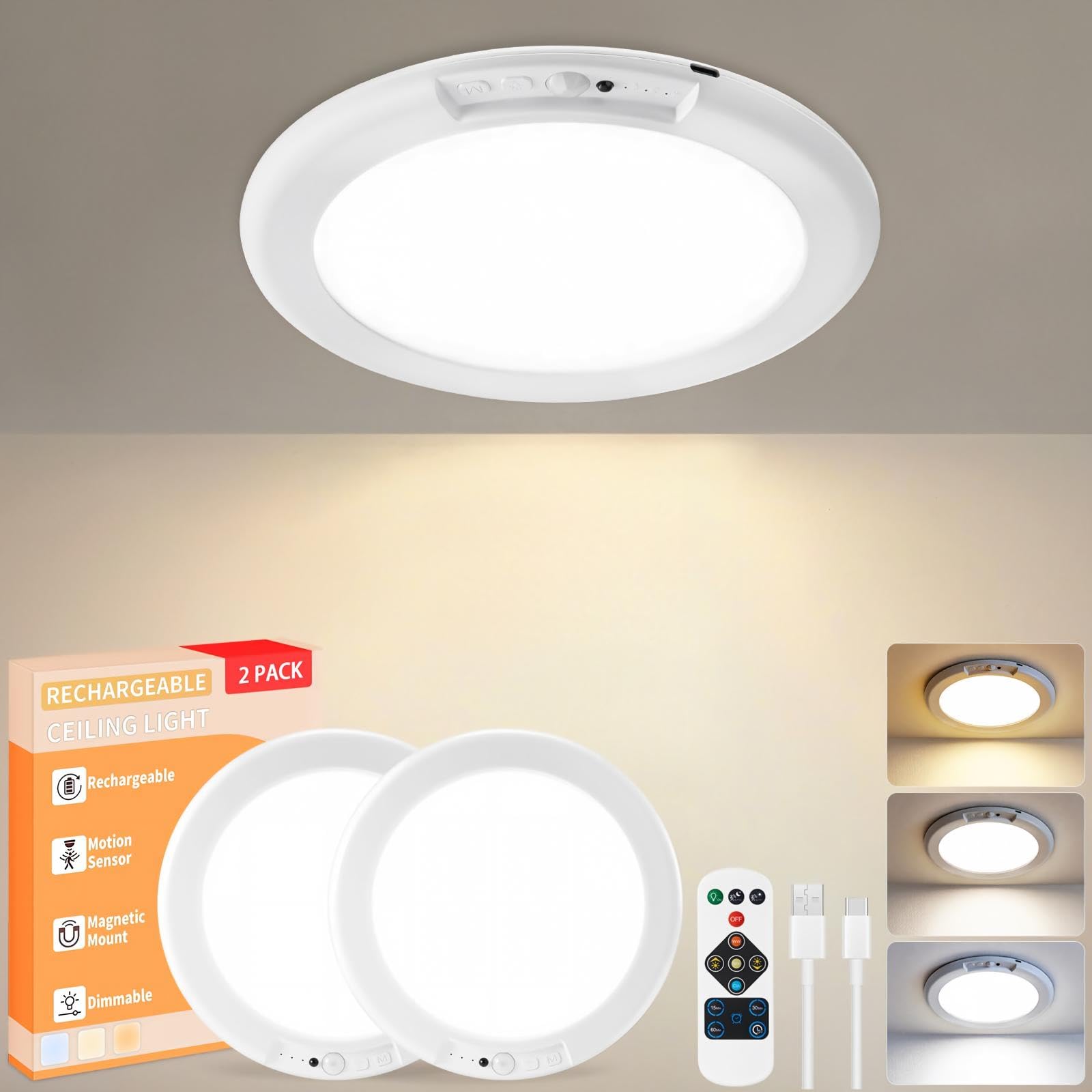 KYEKIO 2Pack Rechargeable LED Ceiling Light/Shower Light with Remote | Motion Se