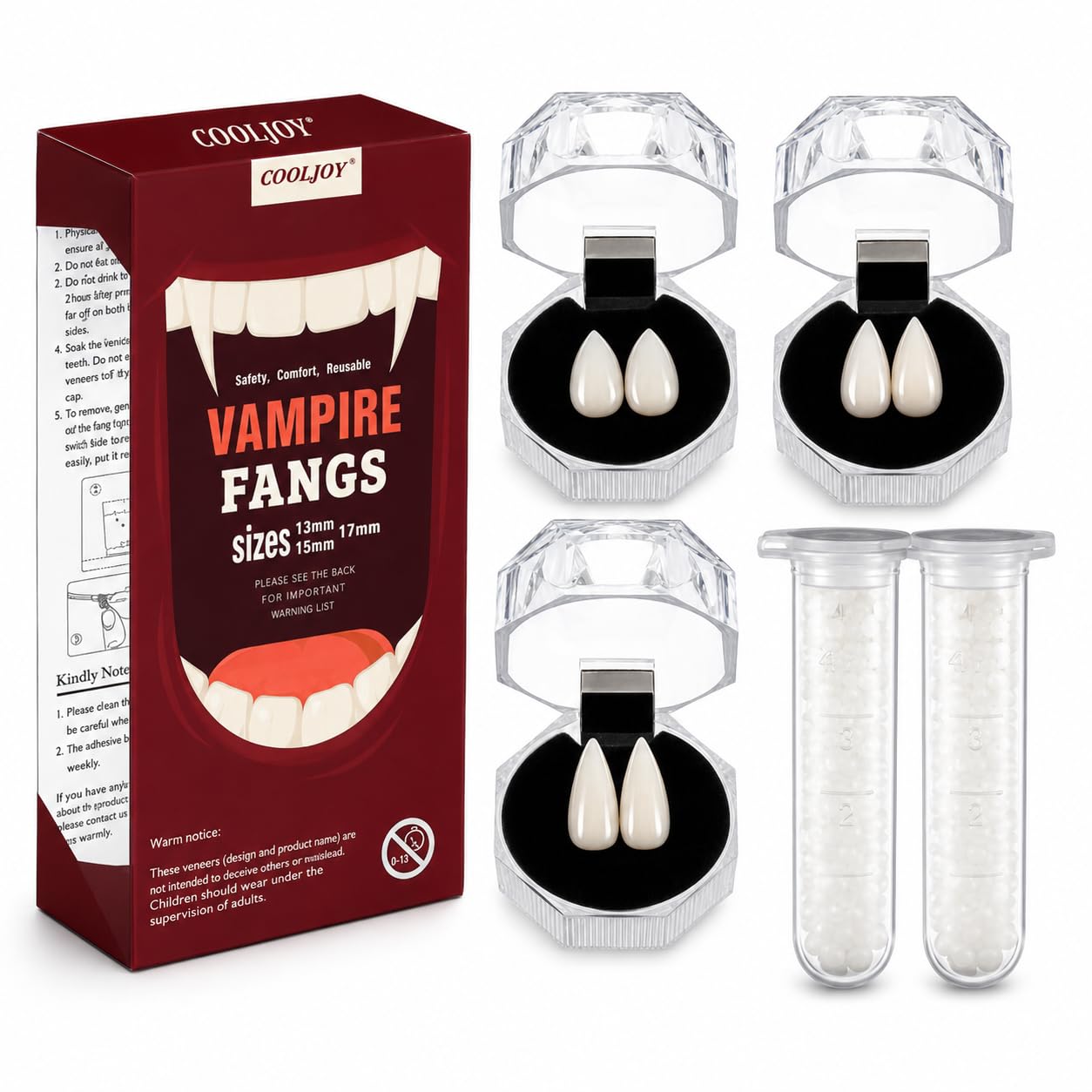 COOLJOY Vampire Teeth Fangs with Adhesive 3 Sizes Halloween Cosplay | 3 Pairs fa