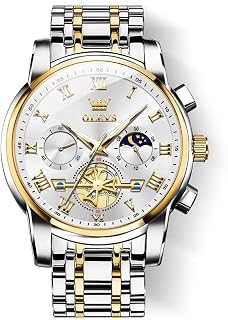 OLEVS Mens Two Tone Stainless Steel Quartz Diamond Chronograph Moon Phase Gold Dial Blue Black Waterproof Luminous Wrist Watch