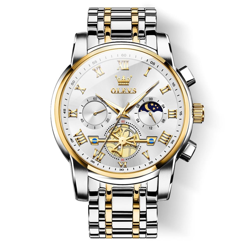 OLEVS Mens Two Tone Stainless Steel Quartz Diamond Chronograph Moon Phase Gold D