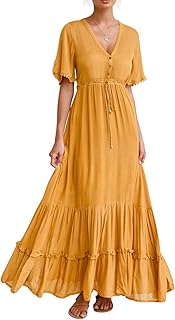 R.Vivimos Womens Summer Cotton Short Sleeve V Neck Floral Print Casual Bohemian Midi Dresses