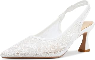 Aachcol Scarpe da donna in pizzo con cinturino sul retro, punta chiusa, tacco a gattino, scarpe da sposa con tacco da 6,3 cm
