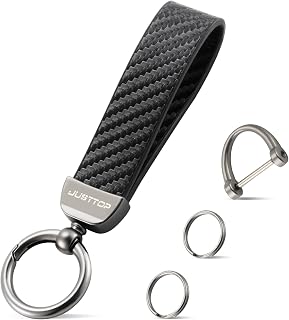 JUSTTOP Leather Keychain, Carbon Fiber Car Key Chain with Anti-Lost D-Ring and 2 Key Ring, Keychain Wristlet, Car Accessories, Universal Keychain for Men and Women (Black)