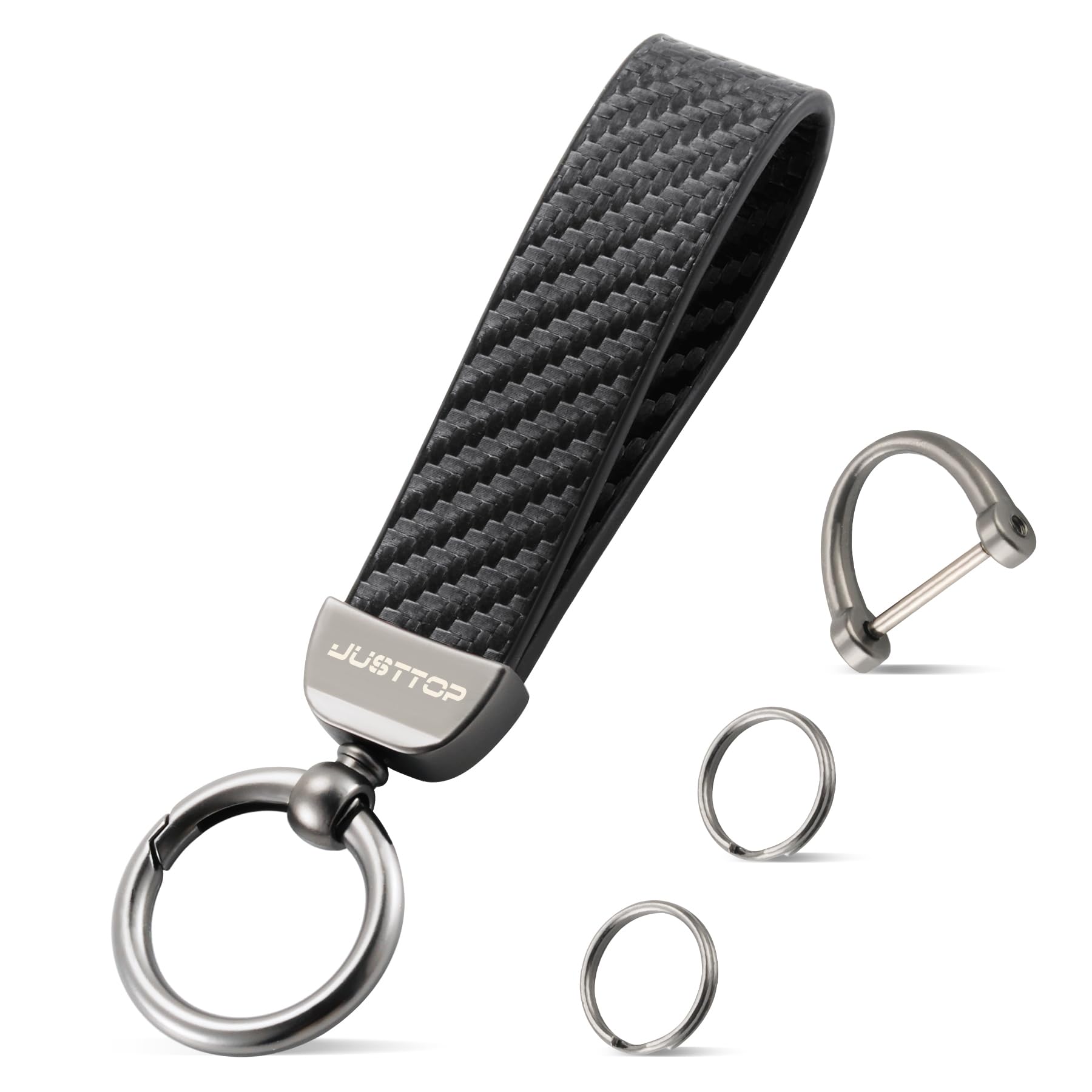 JUSTTOP Leather Keychain, Carbon Fiber Car Key Chain with Anti-Lost D-Ring and 2