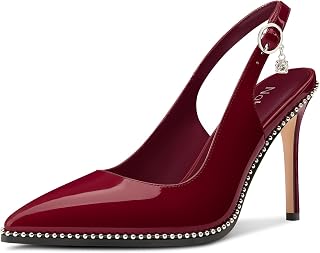 NobleOnly Slingback Beaded Pumps for Women High Stiletto Heel Pointed Toe Slip-on Dress Sandals Adjustable Buckle Rhinestone Patent Leather 3.9 Inches Heels