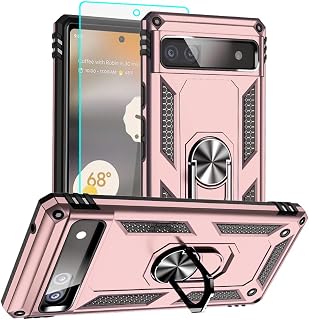 for Pixel 6a Case, Google Pixel 6A Phone Case with HD Screen Protector, [Military Grade 16ft. Drop Tested] Ring Shockproof Protective Phone Case for Google Pixel 6a,Rose Gold