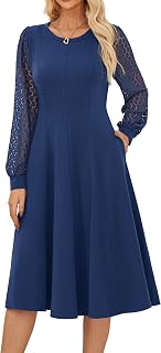 GRACE KARIN Women's Long Sleeve Round Neck A-Line Mid-Calf Contrast Fabric Lace Cuffs Dress Office Evening Dress