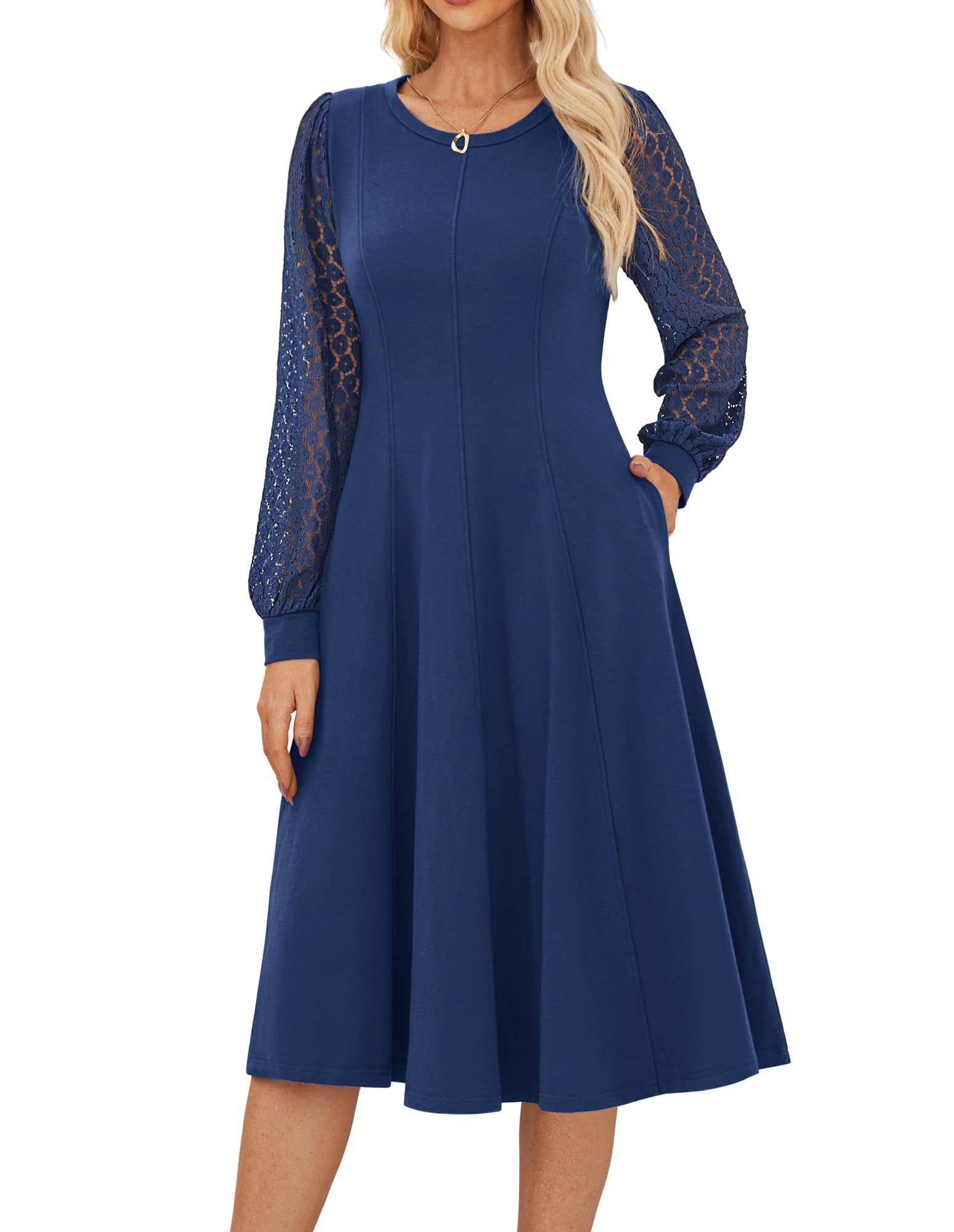 GRACE KARIN Women's Long Sleeve Round Neck A-Line Mid-Calf Contrast Fabric Lace 