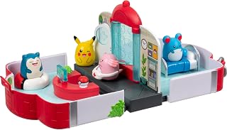 Squish-a-longs Pokémon Centre Playset by Jazwares, Collect Trade and Play, (4) Mini-Squish (Chansey, Marill, Pikachu, Snorlax) and (3) Mini-Squish accessories (Beanbag Chair, Bed, Healing Bag).