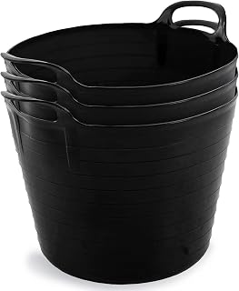 Neat Plastics 42L Flexi Tubs - 3 Pack Large Garden Tubs with Handles, Heavy Duty, Ideal Bath & Garden Bucket, Durable Flexible Bucket (Black)