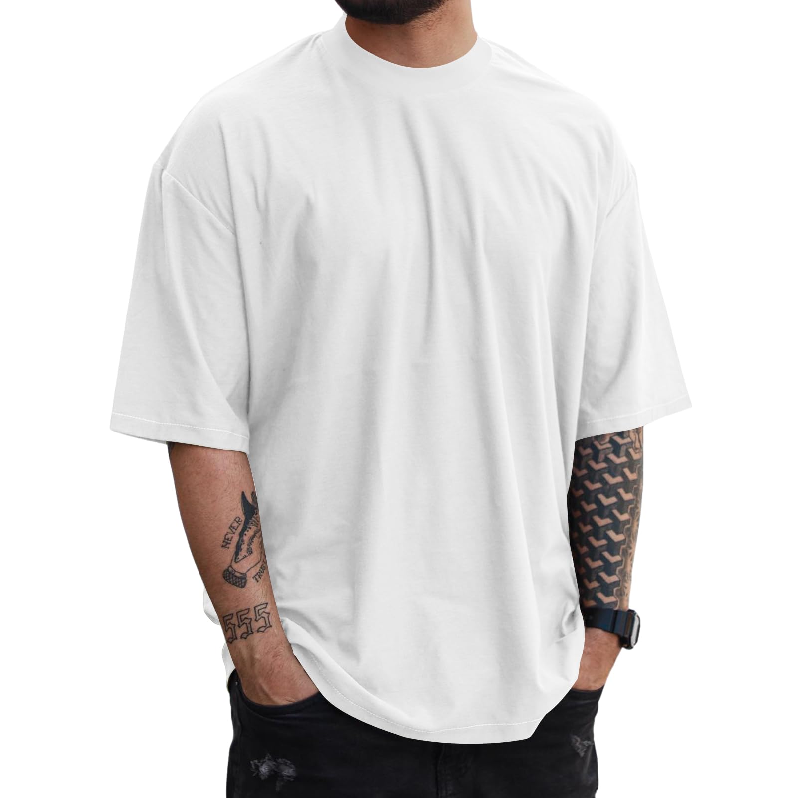 Mens Oversize Short Sleeve Tshirts Workout Drop Shoulder Relaxed Fit Tees
