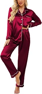 Ekouaer Satin Pajamas for Women Long Sleeve Pajamas Set Button Down Sleepwear V Neck Sleepwear Two-Piece Sets Home Suit
