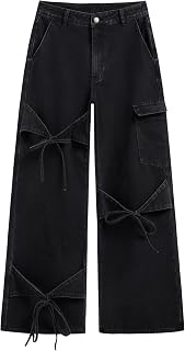 CIDER Women Loose Jeans Low Rise Straight Leg Bowknot Denim Pants