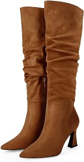 Coutgo Women's Slouchy Knee High Boots Wide Calf Pointed Toe Side Zipper Chunky Heel Long Boots Winter Shoes