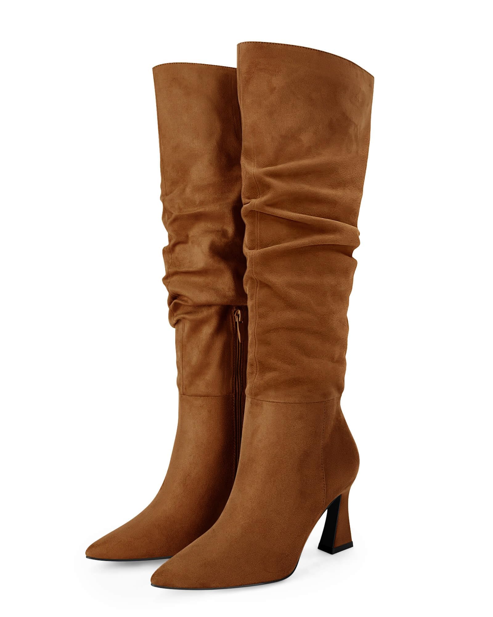 Coutgo Women's Slouchy Knee High Boots Wide Calf Pointed Toe Side Zipper Chunky 