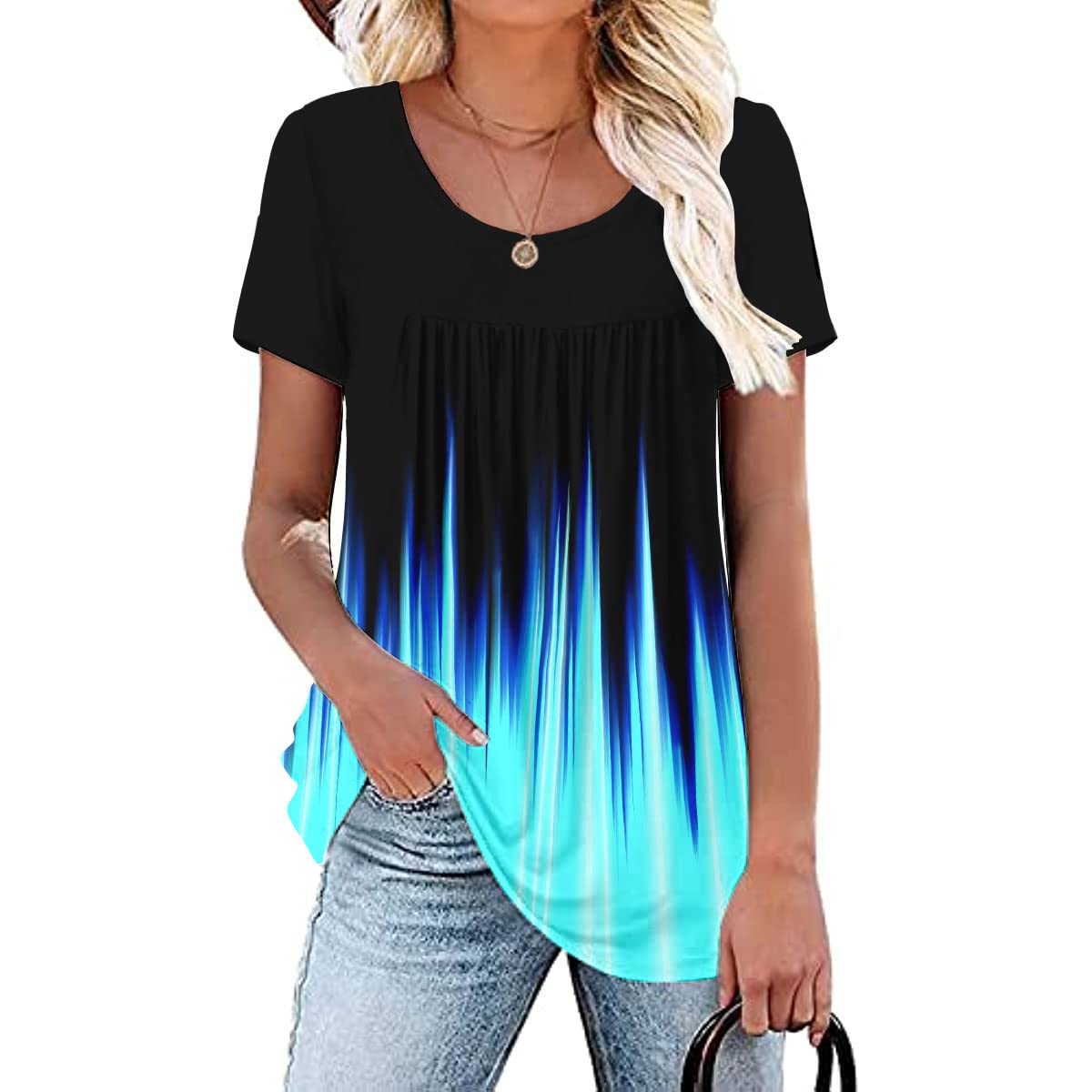 Womens Summer Plus Size Tops Blouses Short Sleeve Shirts Lace Pleated Tunic Tops