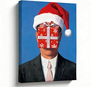 Christmas Wall Art, Surreal Gift Box Face and Santa Hat Canvas Print, Modern Pop Art Parody, Living Room, Office Dorm, Unique Holiday Decoration and Conversation Piece, Christmas Gift, 8x10 inch