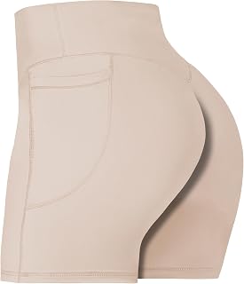 Sunzel Women's Front Seamless Biker Shorts with Pockets, Tummy Control Yoga Gym Bike Workout Shorts 5"