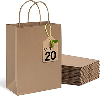 MESHA Brown Paper Bags 8x4.25x10.5 Inch 20Pcs, Paper Bags with Handles | Sturdy Brown Gift Bags for Retail, Birthday Party Favors, Shopping, Small Business (Made in USA)