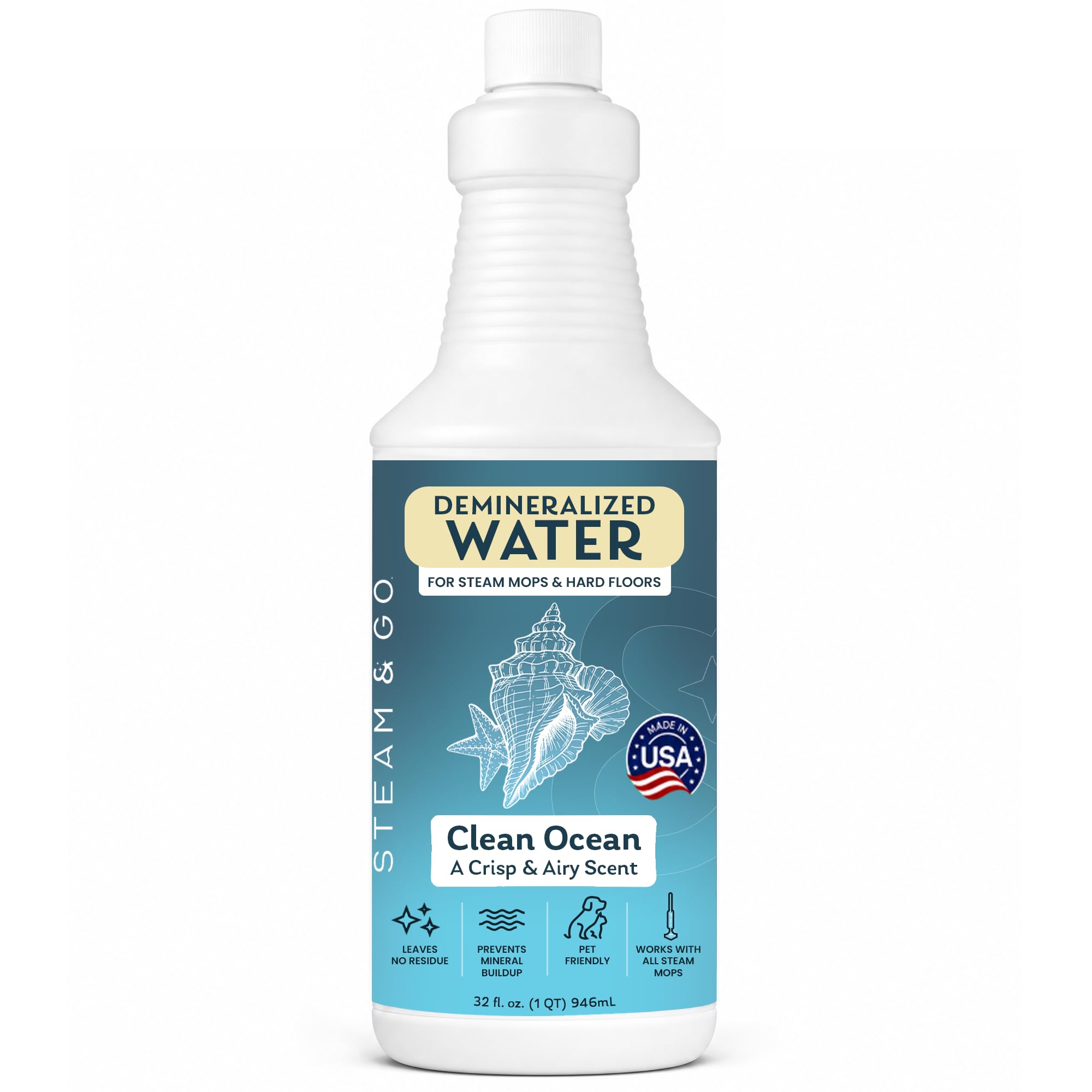 Steam & Go Demineralized Water for Steam Mop – Clean Ocean Scent, 32 oz (Pack of