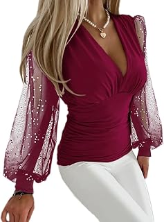 Women's Long Sleeve Blouse V-Neck Elegant Lace Casual Tunic Blouses Shirts Tops Autumn Spring
