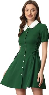 Allegra K Women's Vintage Peter Pan Collar Lace Up Waist A Line Dress