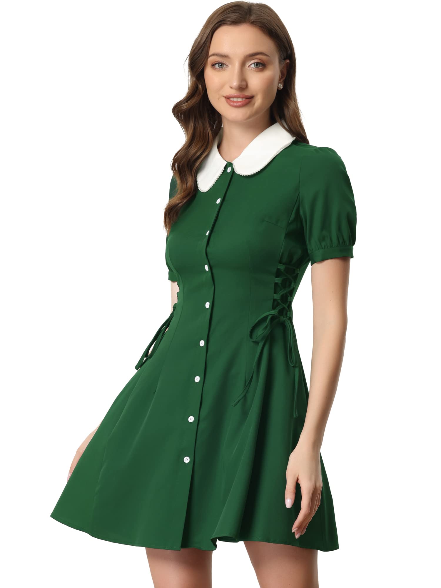 Allegra K Women's Vintage Peter Pan Collar Lace Up Waist A Line Dress